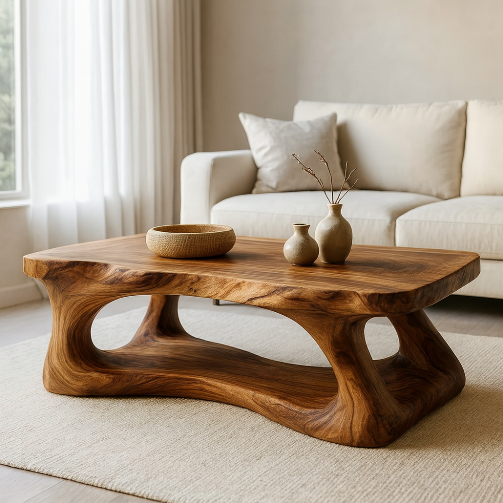 Handcrafted Solid Wood Coffee Table with Organic Sculptural Base, Modern Natural Center Table for Living Room, Luxury Artisan Wooden Furniture