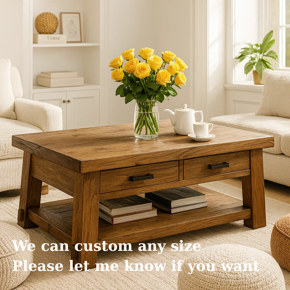 Handcrafted Solid Wood Coffee Table – Rustic Modern Center Table with A-Frame Legs, Drawers, and Shelf for Cozy Living Room