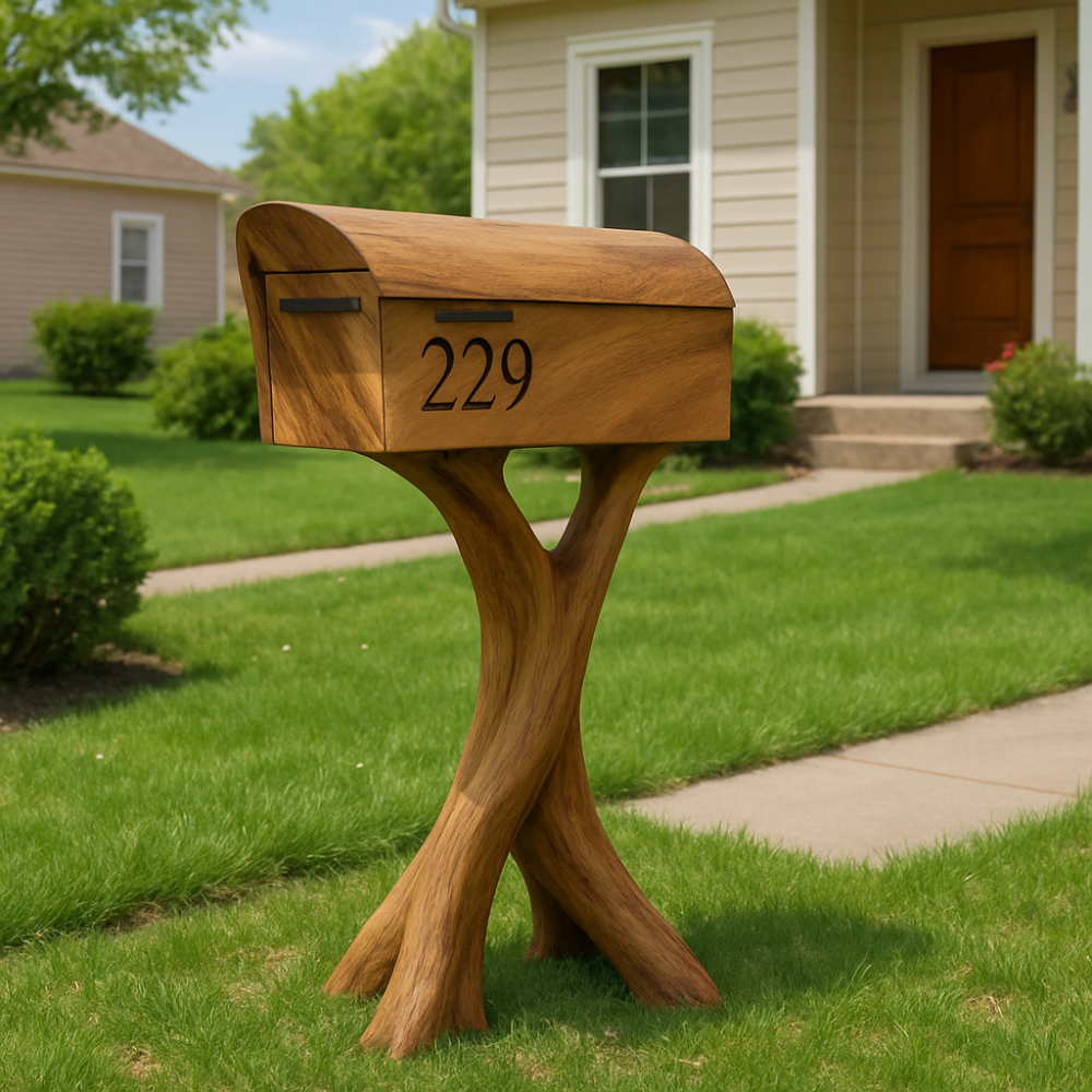 Handcrafted Solid Wood Mailbox with Sculptural Base – Luxury Outdoor Post Box