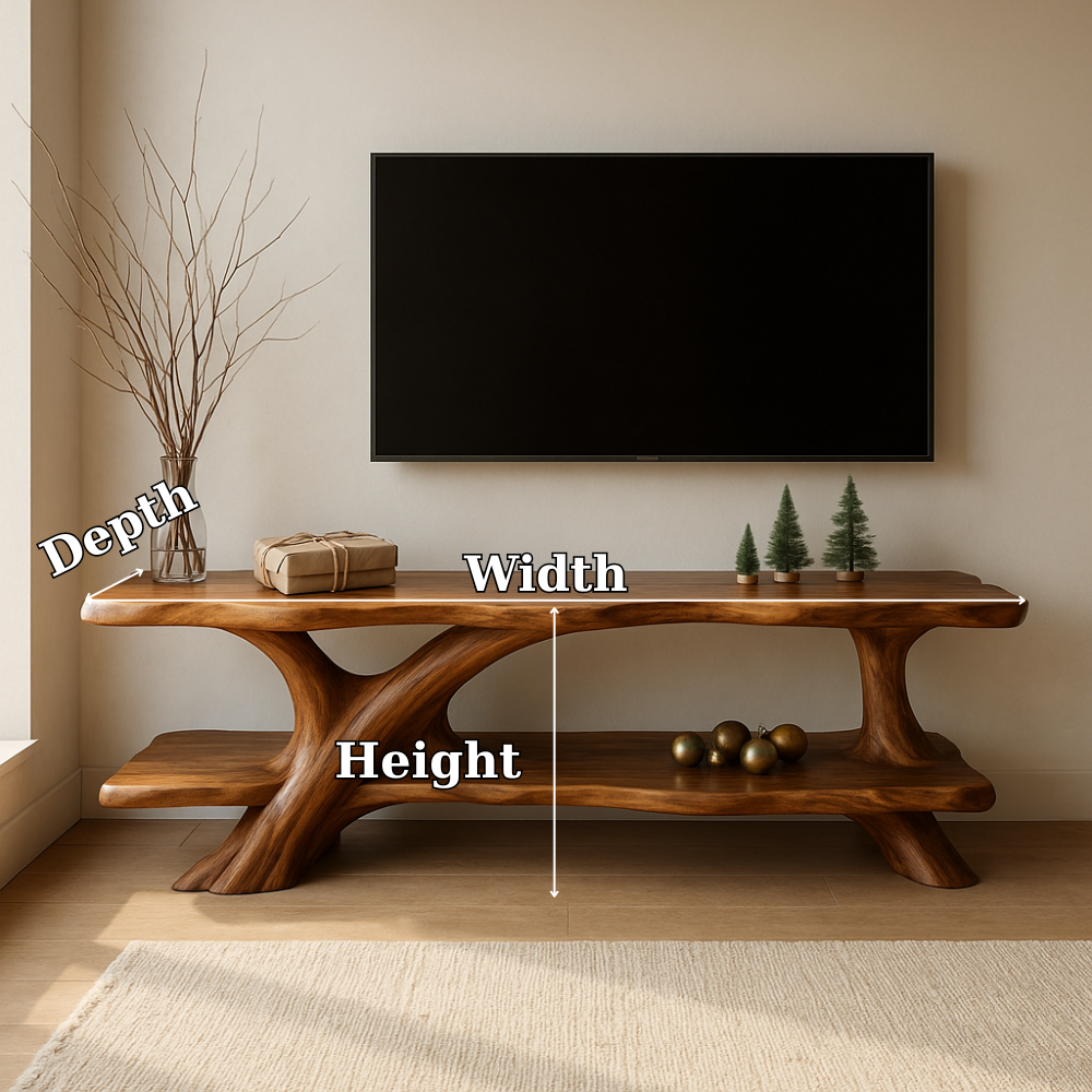 Handcrafted Solid Wood TV Stand – Organic Flow Design with Natural Finish for Modern Interiors