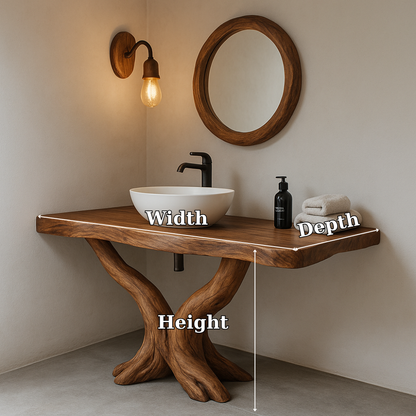 Handcrafted Solid Wood Bathroom Vanity – Rustic Natural Design with Curved Root Base