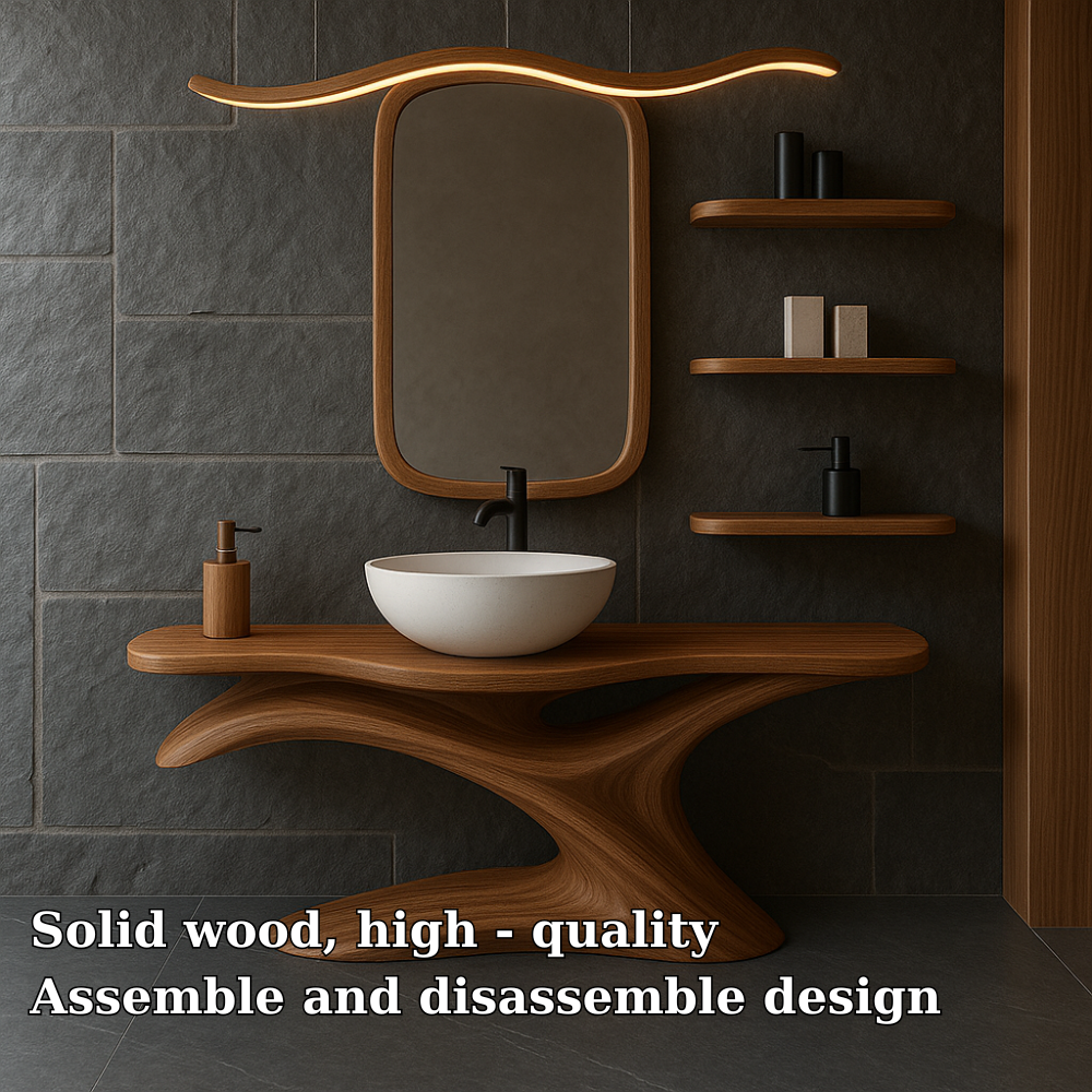 Handcrafted Solid Wood Bathroom Vanity with Sculptural Organic Design – Modern Minimalist Sink Stand
