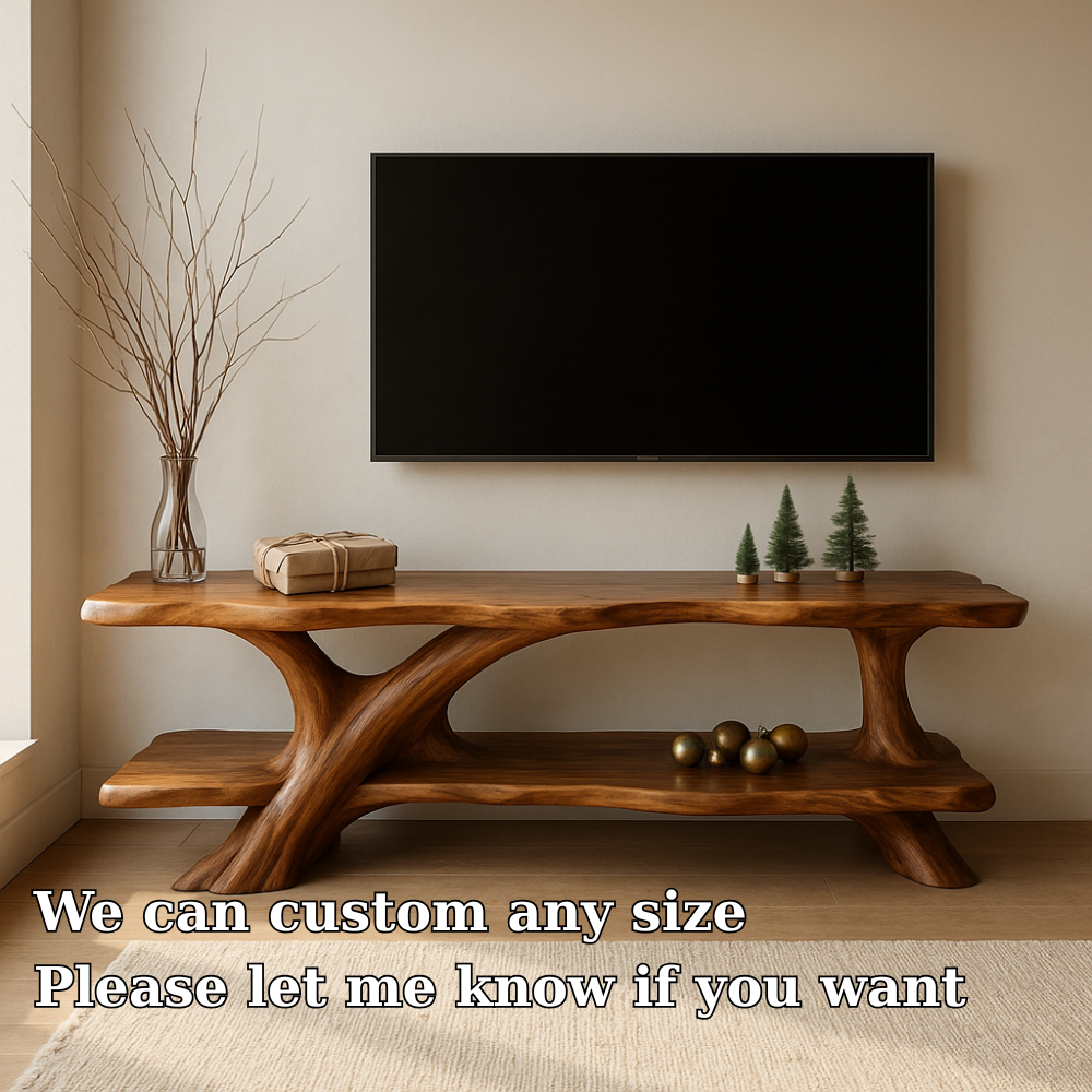 Handcrafted Solid Wood TV Stand – Organic Flow Design with Natural Finish for Modern Interiors