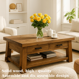 Handcrafted Solid Wood Coffee Table – Rustic Farmhouse Table with Drawers and Storage Shelf