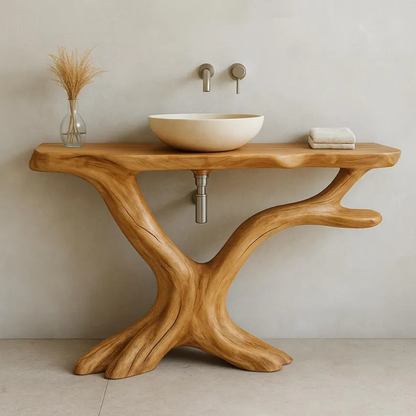 Handcrafted Solid Wood Bathroom Vanity with Natural Tree Shape – Organic Modern Design