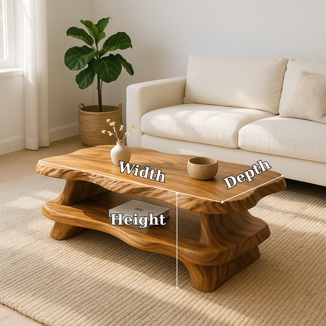 Handcrafted Solid Wood Coffee Table – Organic Live-Edge Design with Sculpted Double Shelf