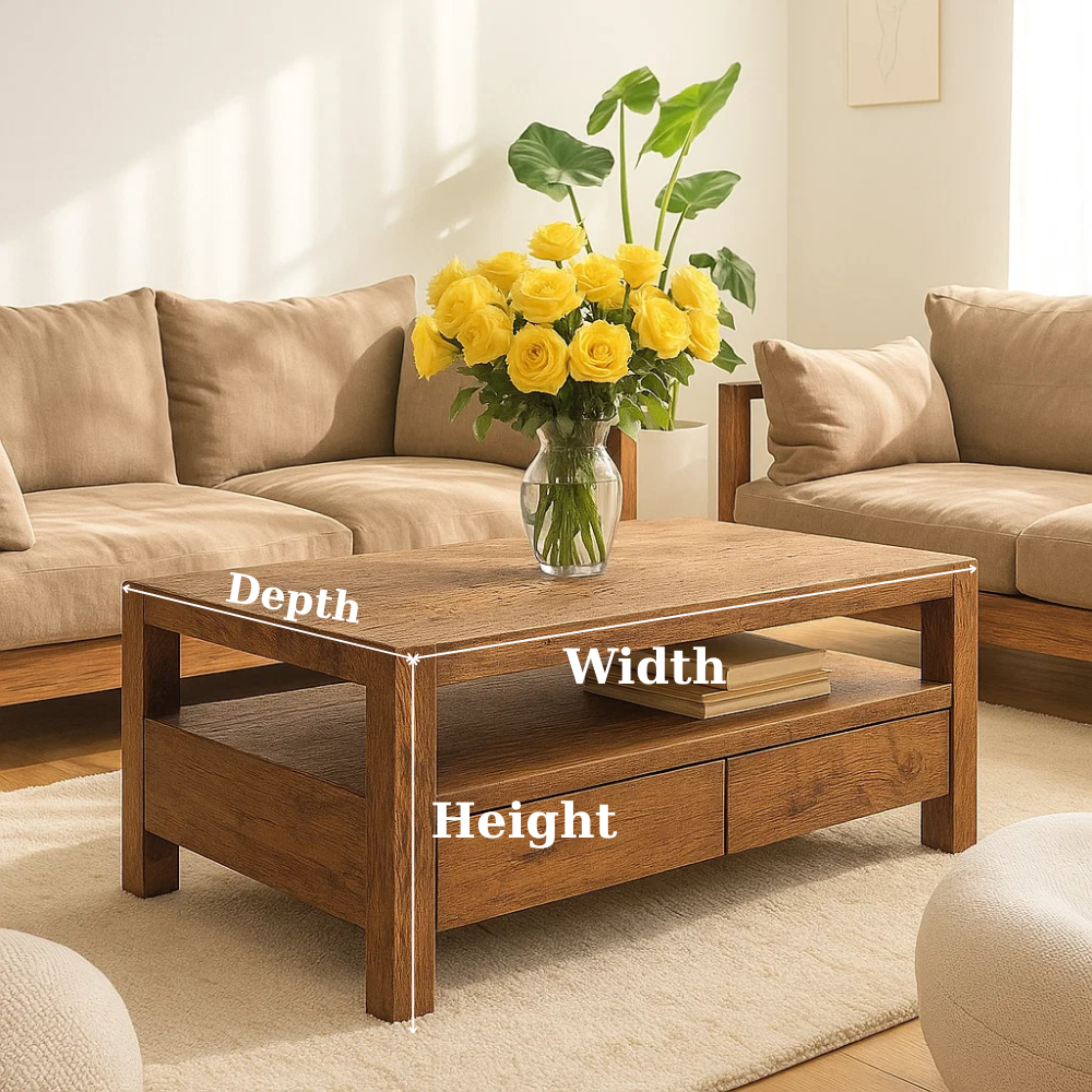 Handcrafted Solid Wood Coffee Table – Modern Rustic Center Table with Drawers and Open Shelf for Minimalist Living Room Décor