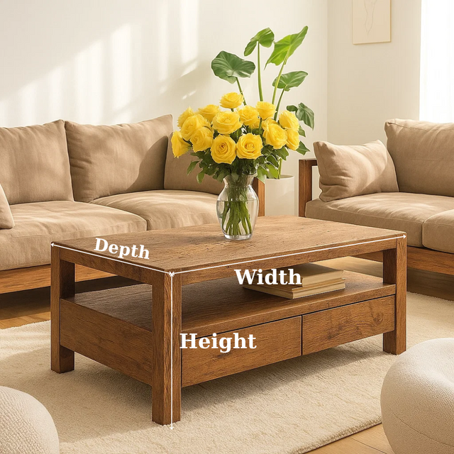 Handcrafted Solid Wood Coffee Table – Modern Rustic Center Table with Drawers and Open Shelf for Minimalist Living Room Décor