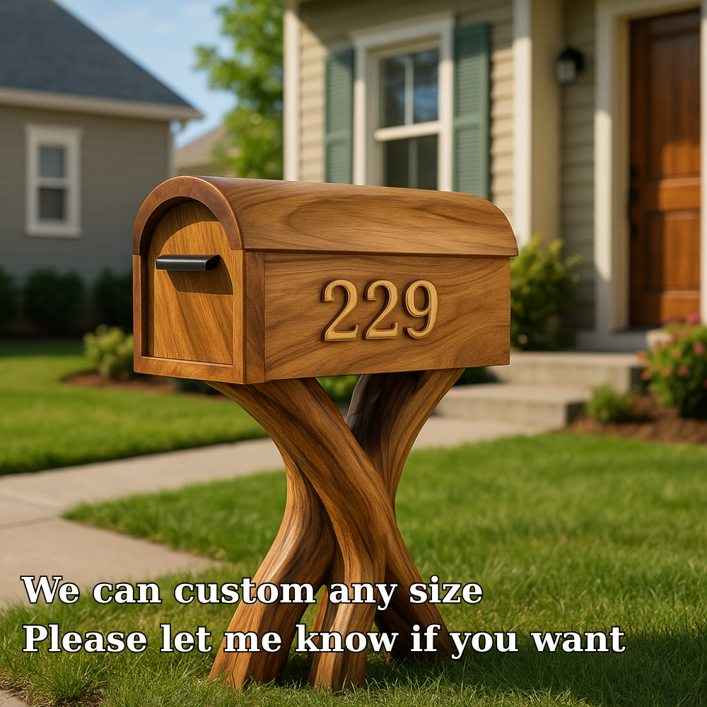 Handcrafted Solid Wood Mailbox with Sculpted Base – Unique Outdoor House Number Post
