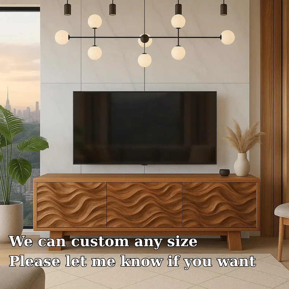 Handcrafted Solid Wood TV Stand with Wave Pattern Doors – Modern Artistic Media Console