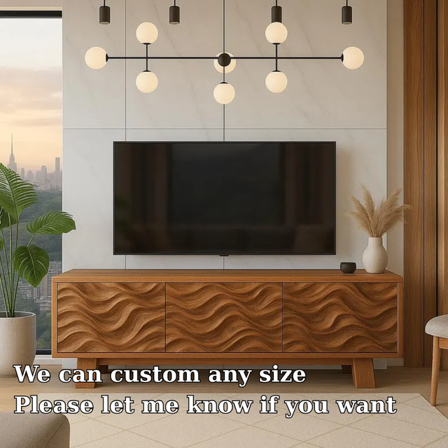 Handcrafted Solid Wood TV Stand with Wave Pattern Doors – Modern Artistic Media Console