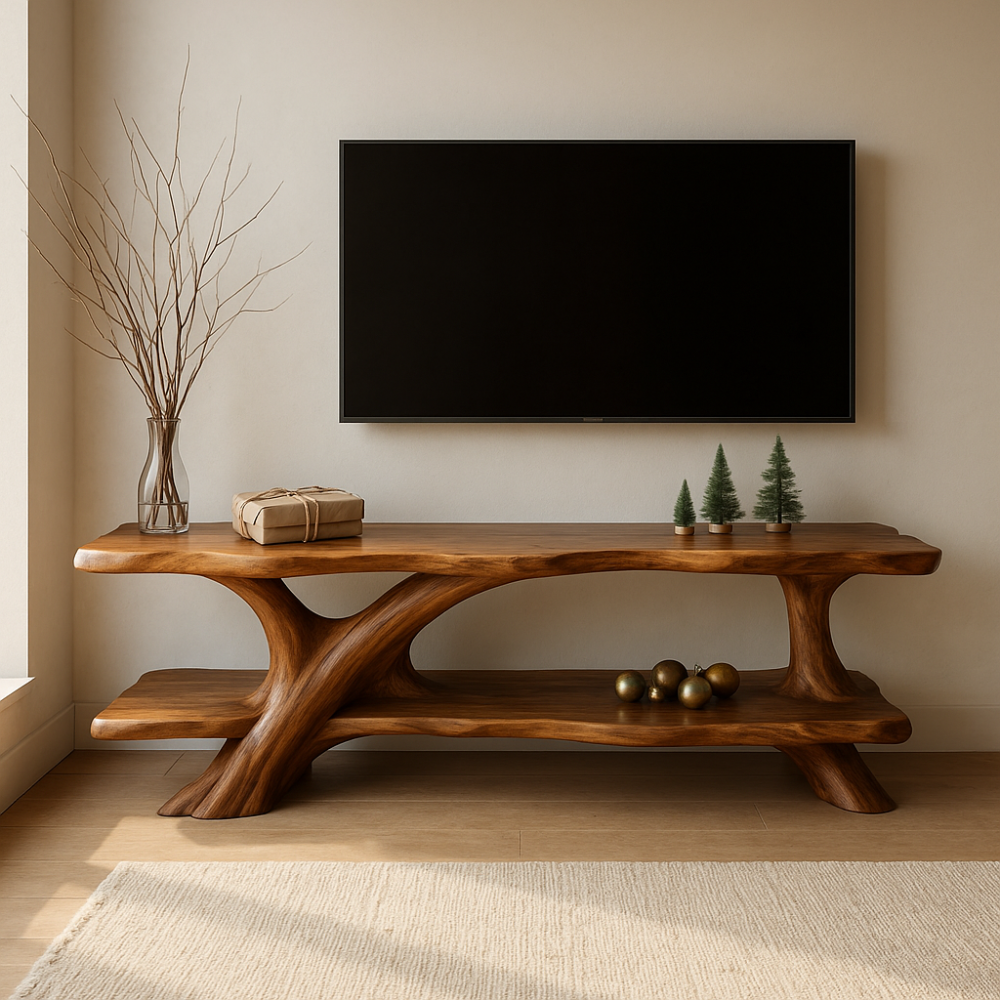 Handcrafted Solid Wood TV Stand – Organic Flow Design with Natural Finish for Modern Interiors