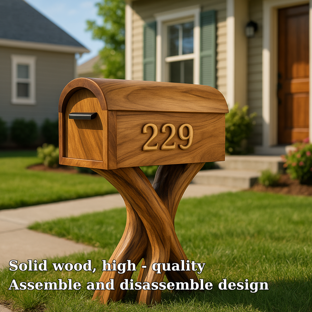 Handcrafted Solid Wood Mailbox with Sculpted Base – Unique Outdoor House Number Post