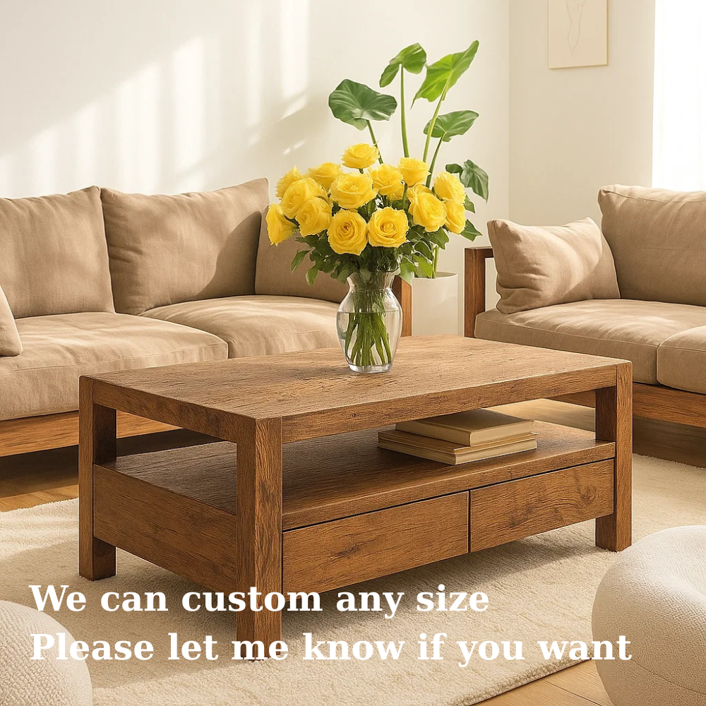 Handcrafted Solid Wood Coffee Table – Modern Rustic Center Table with Drawers and Open Shelf for Minimalist Living Room Décor