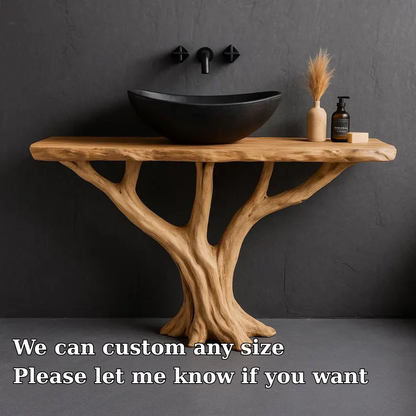 Handcrafted Solid Wood Bathroom Vanity with Tree Root Base – Natural Organic Modern Design