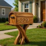 Handcrafted Solid Wood Mailbox with Sculpted Base – Unique Outdoor House Number Post