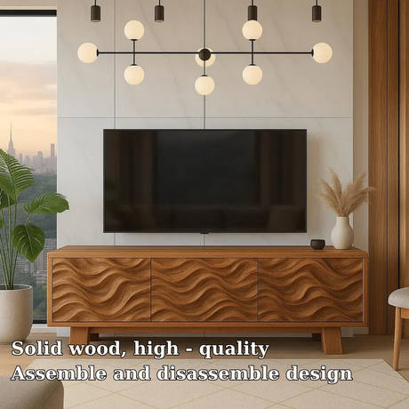 Handcrafted Solid Wood TV Stand with Wave Pattern Doors – Modern Artistic Media Console