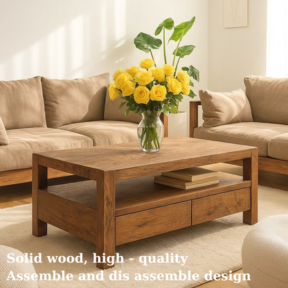 Handcrafted Solid Wood Coffee Table – Modern Rustic Center Table with Drawers and Open Shelf for Minimalist Living Room Décor