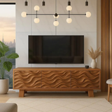 Handcrafted Solid Wood TV Stand with Wave Pattern Doors – Modern Artistic Media Console