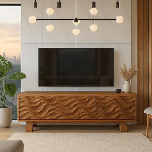 Handcrafted Solid Wood TV Stand with Wave Pattern Doors – Modern Artistic Media Console