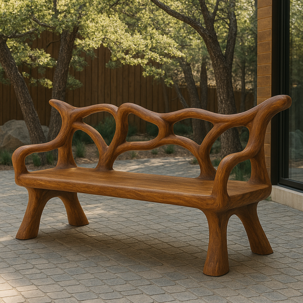 Handcrafted Solid Wood Bench with Backrest – Organic Sculptural Design for Modern Outdoor Spaces