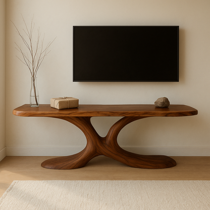 Handcrafted Solid Wood TV Stand – Minimal Organic Design with Sculptural Modern Aesthetic