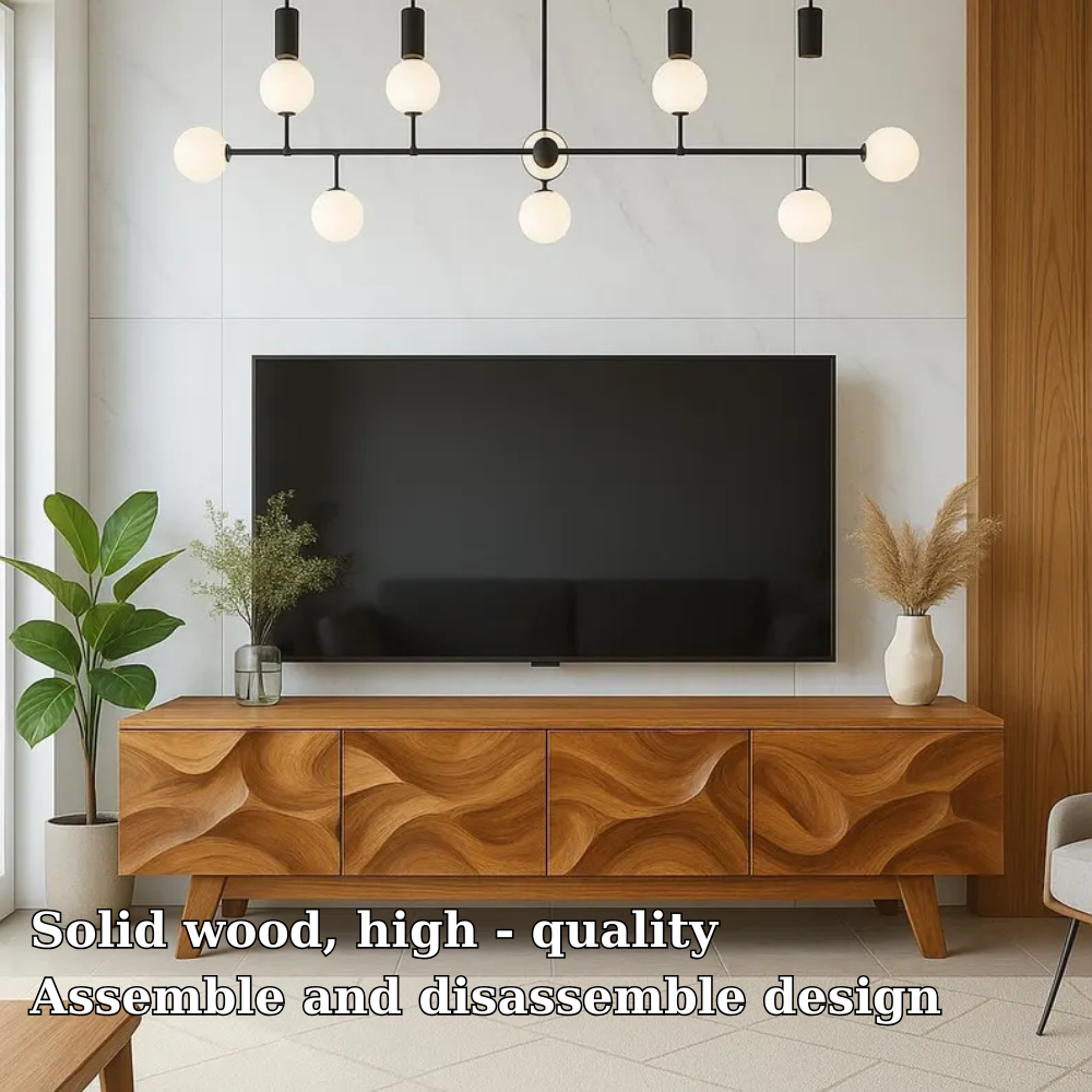 Handcrafted Solid Wood TV Stand with Organic Carved Design – Modern Mid-Century Media Console