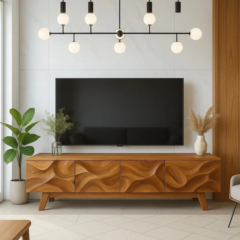 Handcrafted Solid Wood TV Stand with Organic Carved Design – Modern Mid-Century Media Console