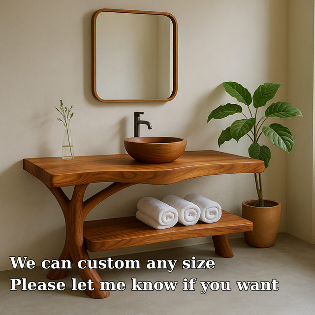 Handcrafted Solid Wood Bathroom Vanity – Organic Curved Design with Shelf for Towels