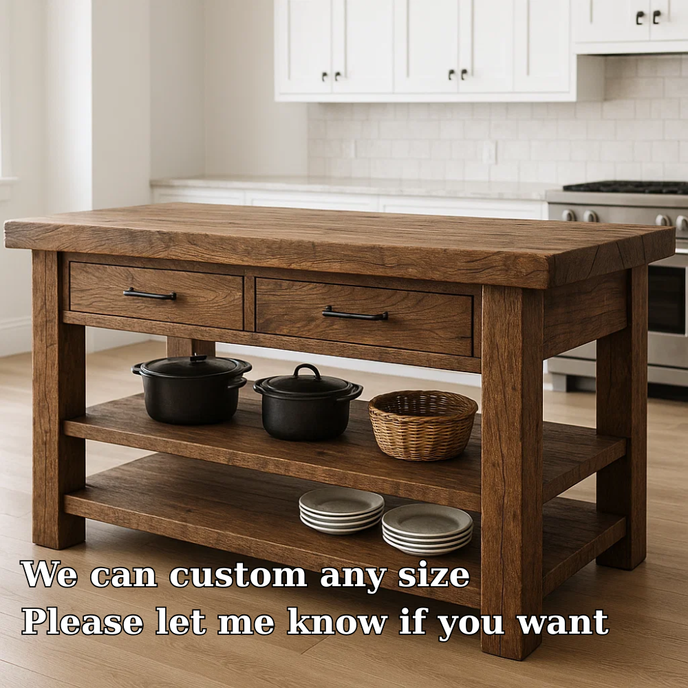 Live Edge Solid Wood Kitchen Island - Rustic Farmhouse Butcher Block Prep Table with Storage