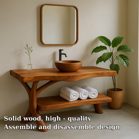 Handcrafted Solid Wood Bathroom Vanity – Organic Curved Design with Shelf for Towels