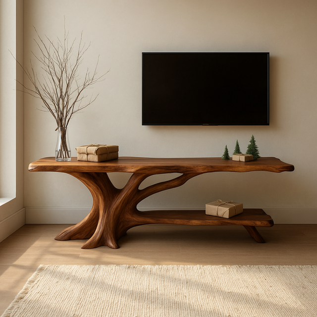 Handcrafted Solid Wood TV Stand – Organic Tree-Inspired Design for Modern Natural Living Spaces