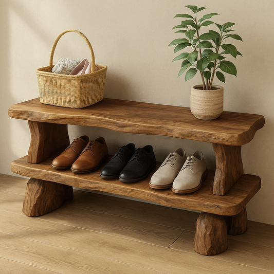 Handcrafted Solid Wood Bench with Storage Shelf – Rustic Entryway Furniture for Natural Home Decor