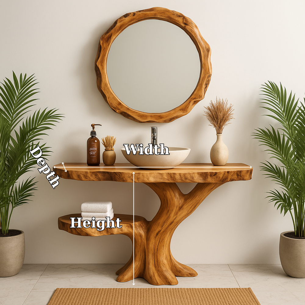 Handcrafted Solid Wood Bathroom Vanity – Organic Tree-Inspired Design with Round Mirror
