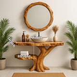 Handcrafted Solid Wood Bathroom Vanity – Organic Tree-Inspired Design with Round Mirror
