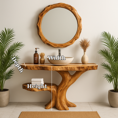 Handcrafted Solid Wood Bathroom Vanity – Organic Tree-Inspired Design with Round Mirror