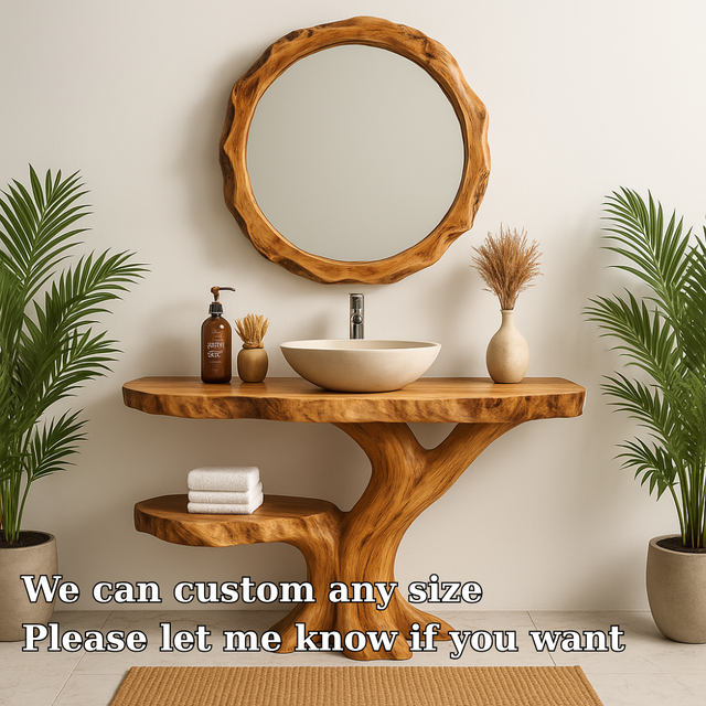 Handcrafted Solid Wood Bathroom Vanity – Organic Tree-Inspired Design with Round Mirror