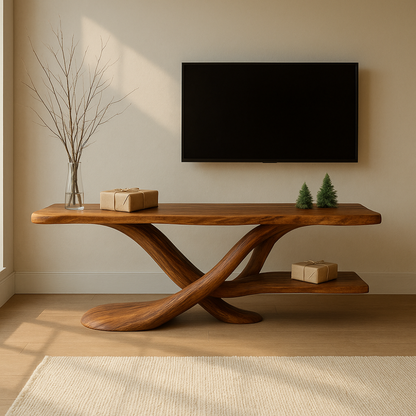Handcrafted Solid Wood TV Stand – Modern Sculptural Design with Organic Flow and Natural Finish