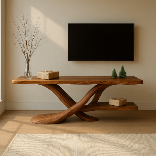 Handcrafted Solid Wood TV Stand – Modern Sculptural Design with Organic Flow and Natural Finish