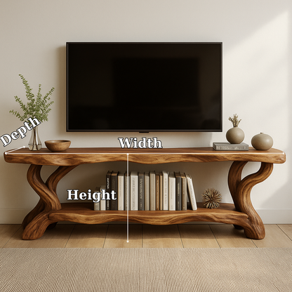 Handcrafted Solid Wood TV Stand – Organic Live Edge Design with Sculptural Shelf Base