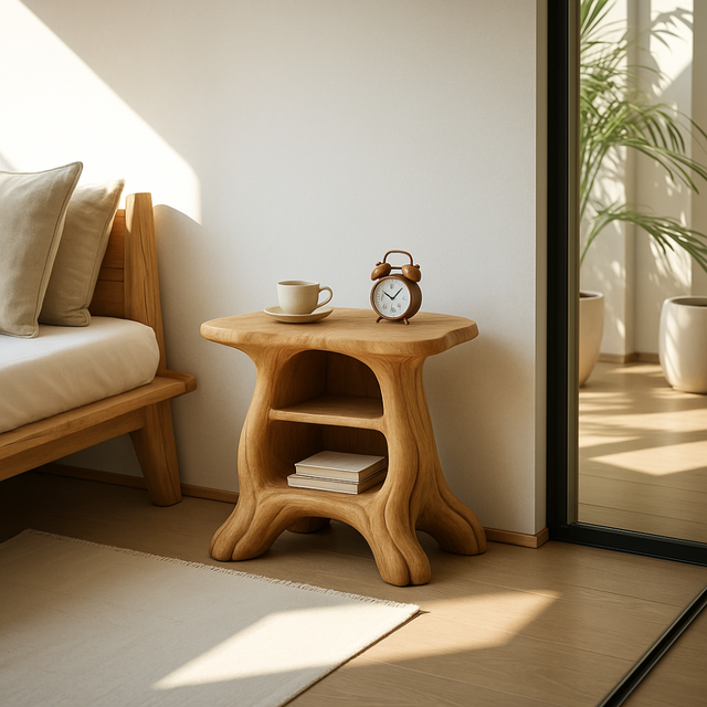 Handcrafted Solid Wood Nightstand – Organic Sculpted Bedside Table with Open Shelves