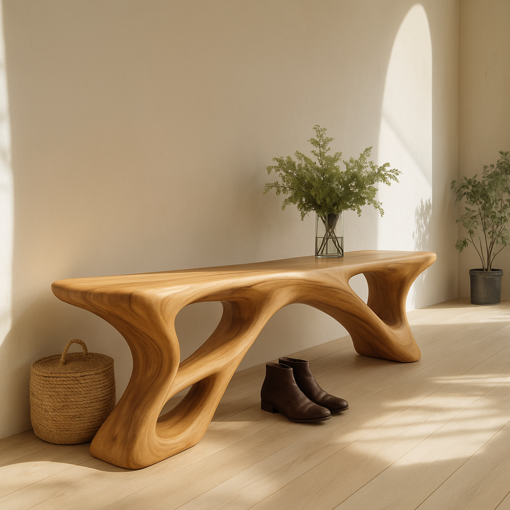 Handcrafted Solid Wood Bench – Sculptural Organic Flow Design with Modern Natural Aesthetic