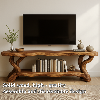 Handcrafted Solid Wood TV Stand – Organic Live Edge Design with Sculptural Shelf Base