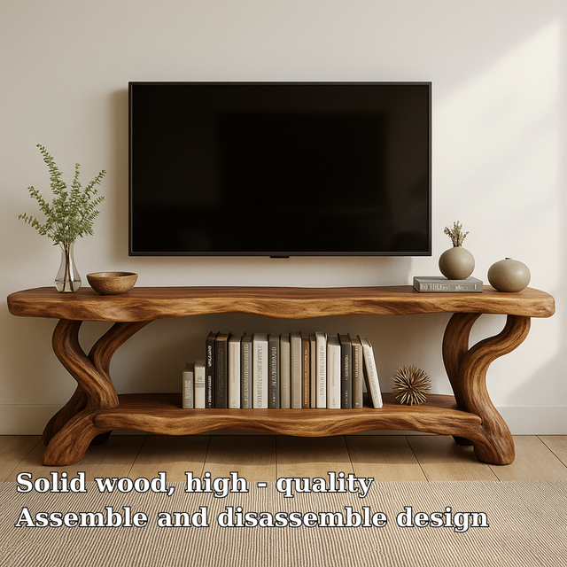 Handcrafted Solid Wood TV Stand – Organic Live Edge Design with Sculptural Shelf Base