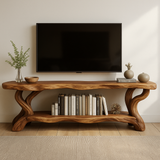Handcrafted Solid Wood TV Stand – Organic Live Edge Design with Sculptural Shelf Base