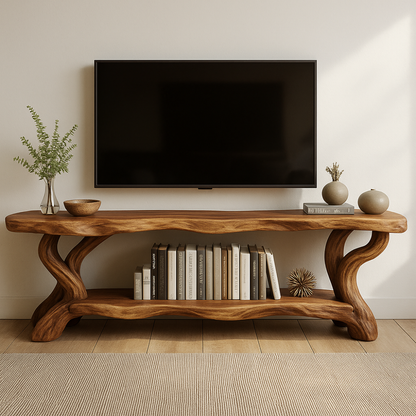 Handcrafted Solid Wood TV Stand – Organic Live Edge Design with Sculptural Shelf Base