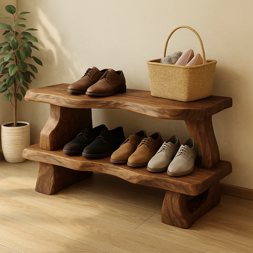 Handcrafted Solid Wood Bench with Double Shelf – Rustic Entryway Organizer for Natural Home Decor