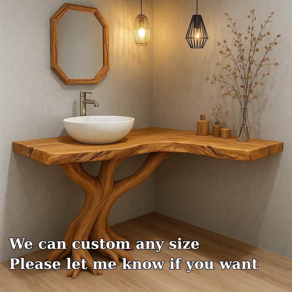 Handcrafted Solid Wood Bathroom Vanity – Sculptural Tree Root Base with Natural Live Edge