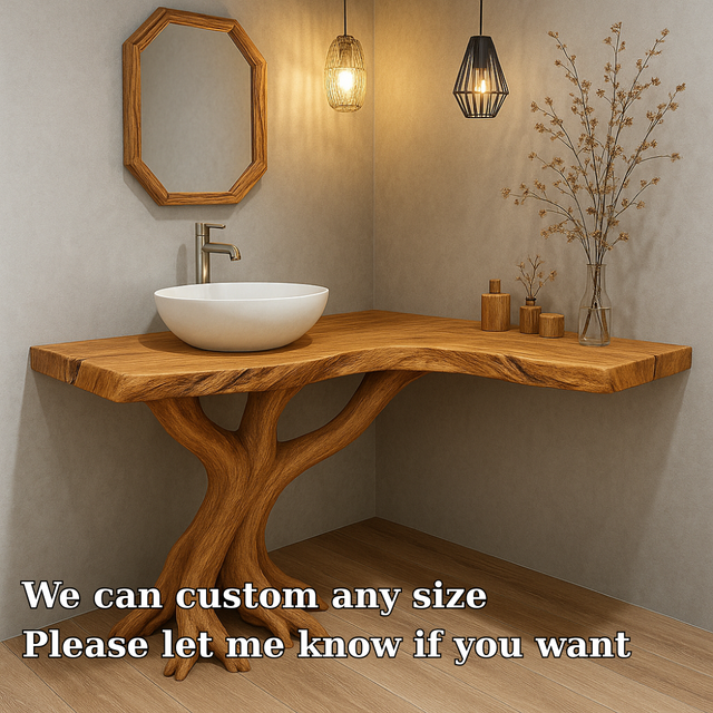 Handcrafted Solid Wood Bathroom Vanity – Sculptural Tree Root Base with Natural Live Edge