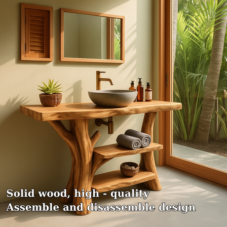 Handcrafted Solid Wood Bathroom Vanity – Organic Double Shelf Design for Natural Interiors